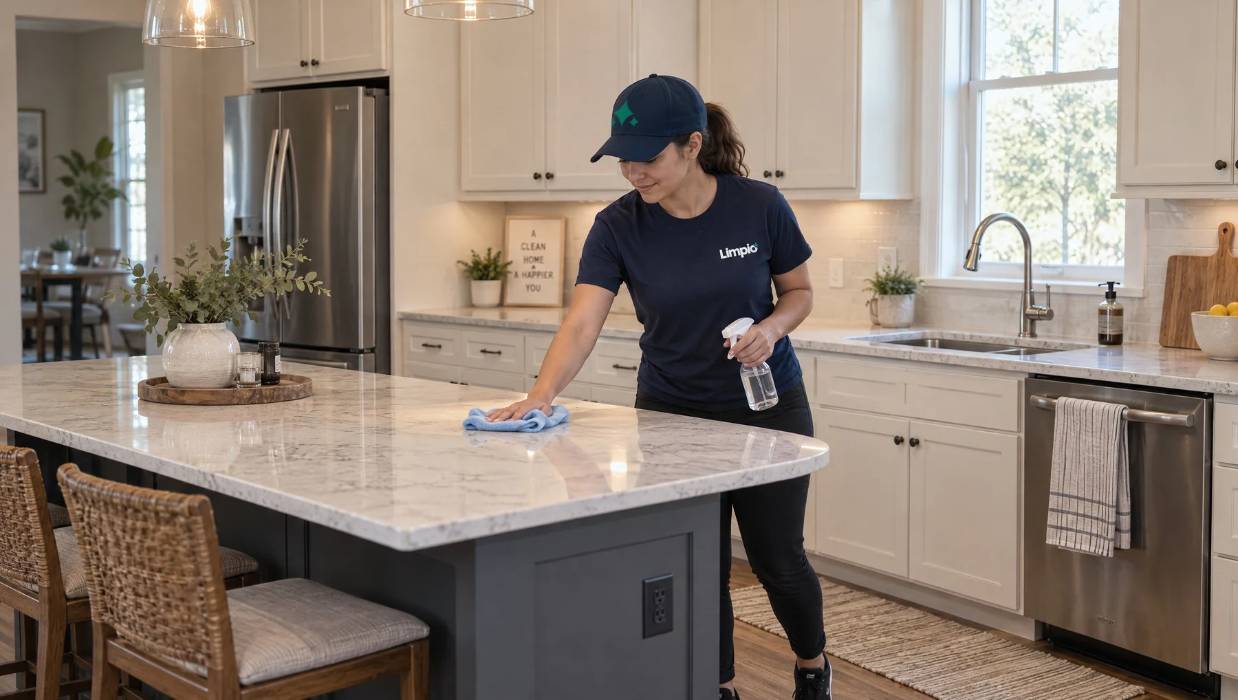 Limpio cleaner wiping a kitchen counter in a Minneapolis home